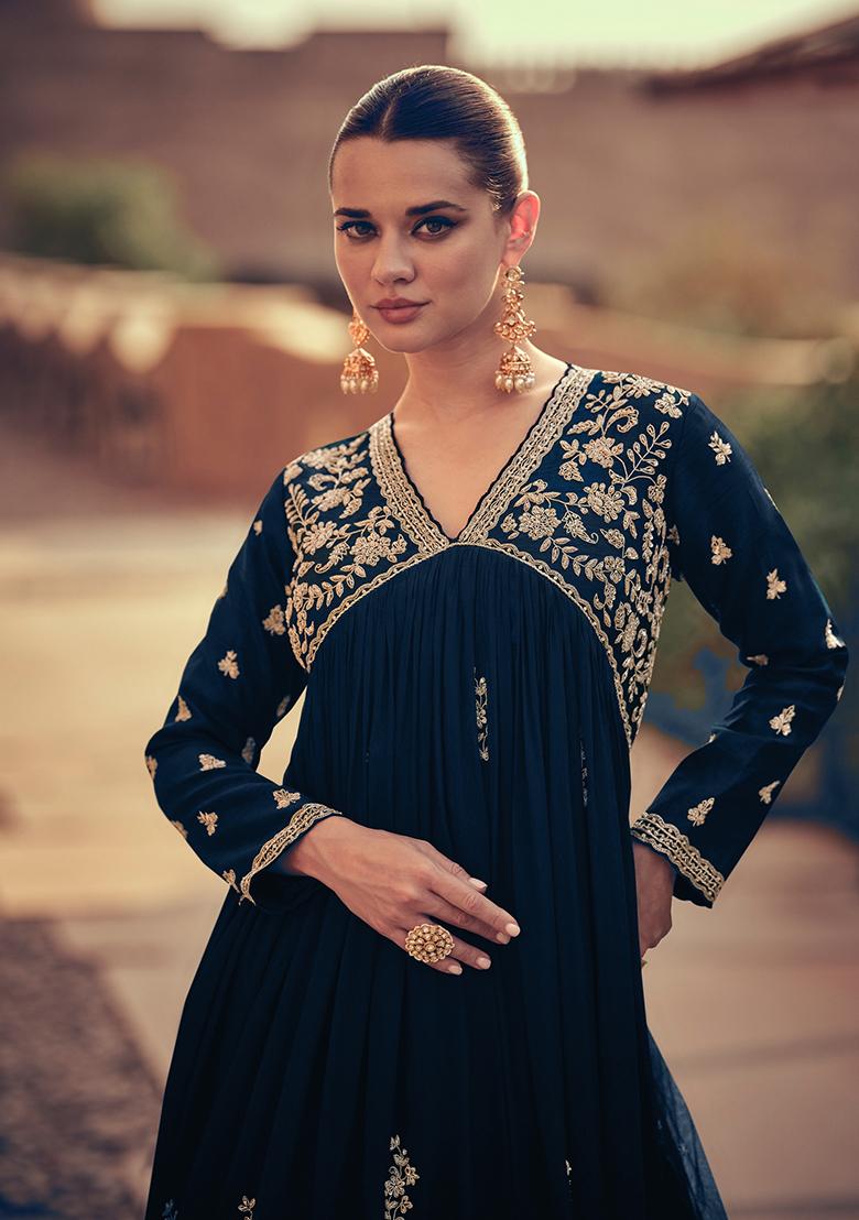 Blue Embroidered Chinnon Salwar Kameez
