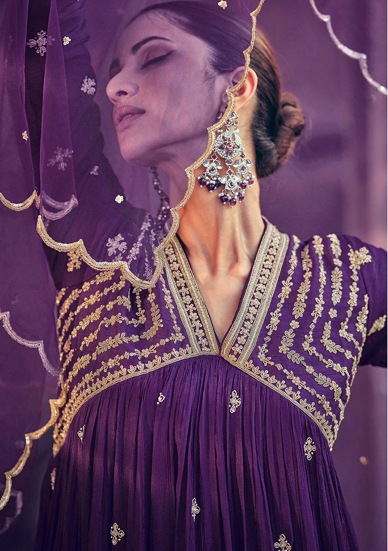 Purple Embroidered Chinnon Salwar Kameez