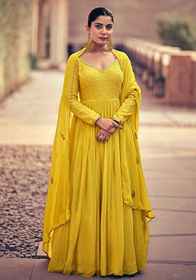 Yellow Embroidered Chinnon Salwar Kameez