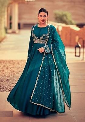 Rama Green Embroidered Chinnon Salwar Kameez