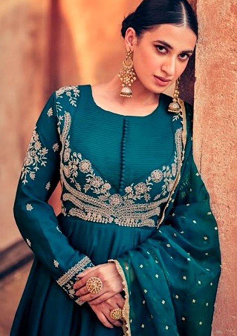 Rama Green Embroidered Chinnon Salwar Kameez