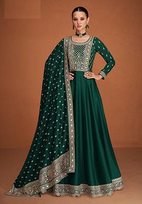 Green Embroidered Silk Anarkali set