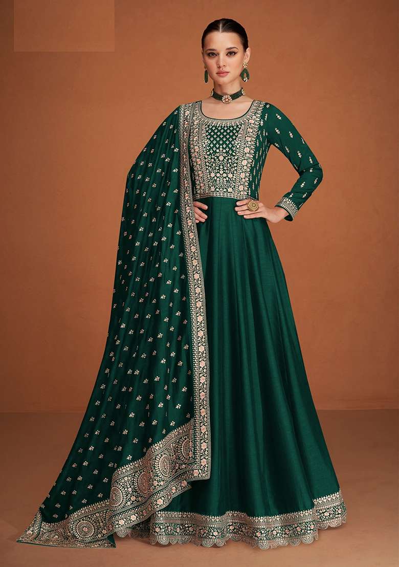 Green Embroidered Silk Blend Anarkali Set - Indya