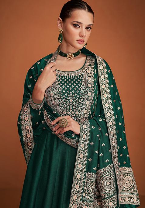 Glamourous Bottle Green Silk Embroidered Party Wear Anarkali