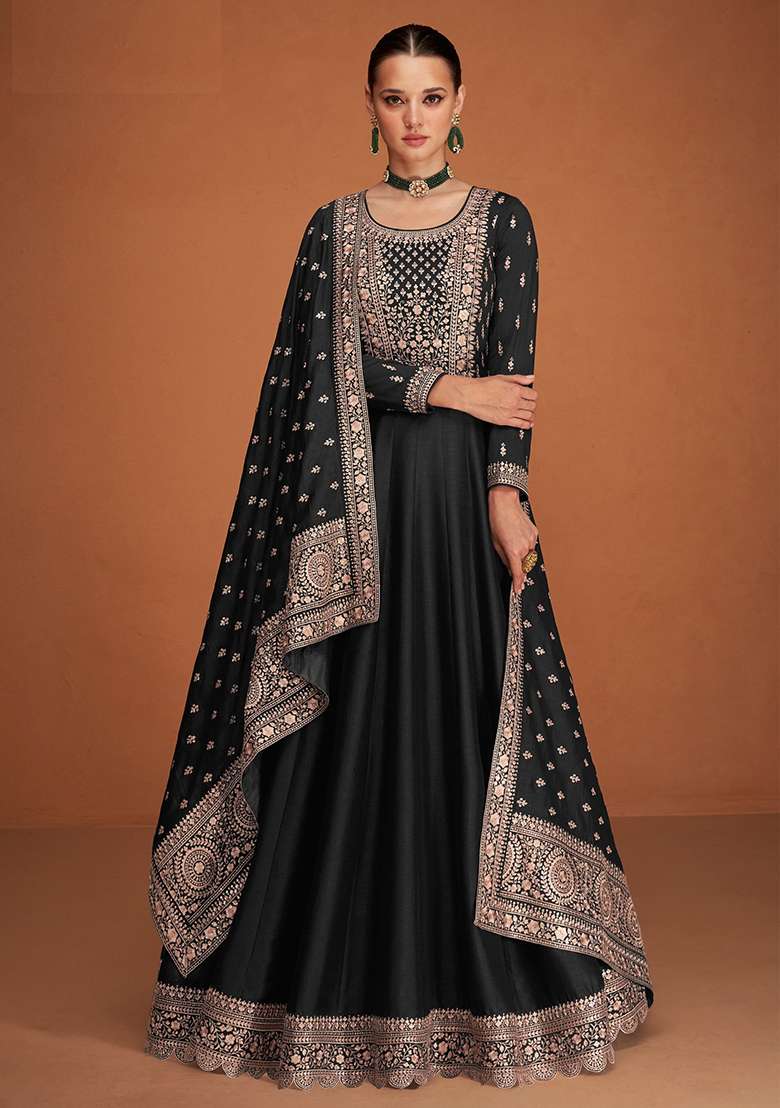 Black Embroidered Silk Blend Anarkali Set - Indya