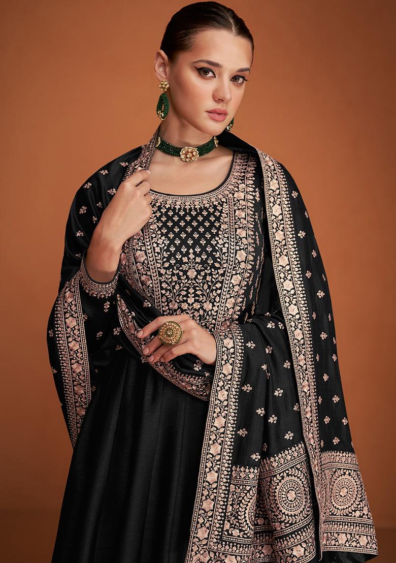 Black Embroidered Silk Anarkali set
