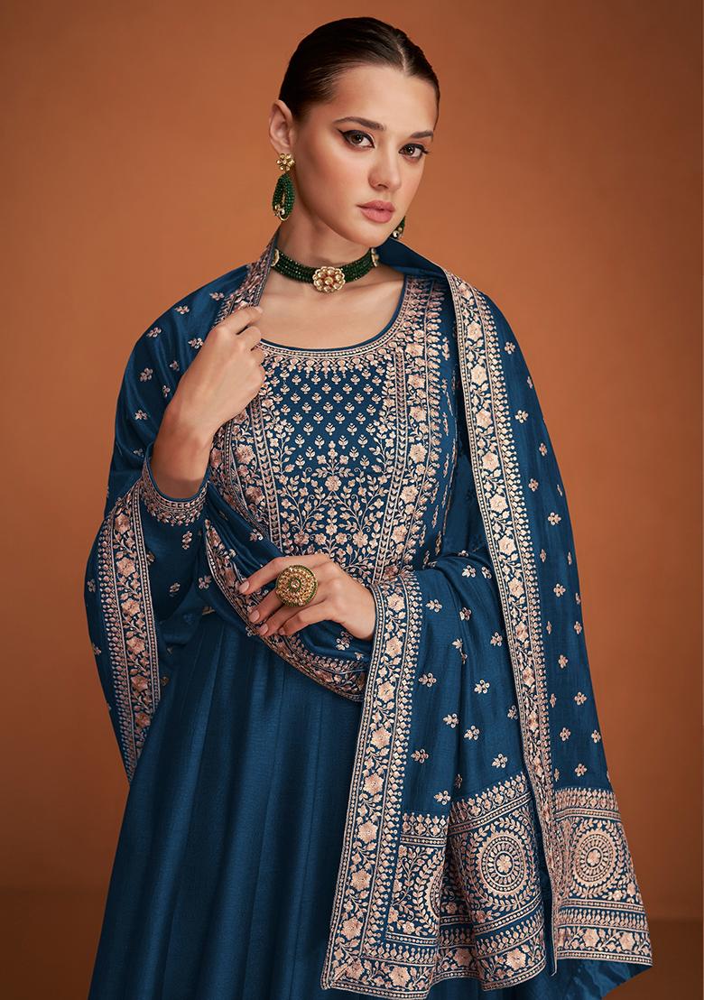 Blue Embroidered Silk Anarkali set