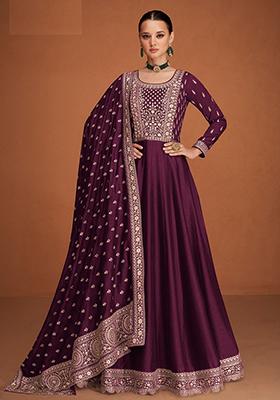 Purple Embroidered Silk Anarkali set