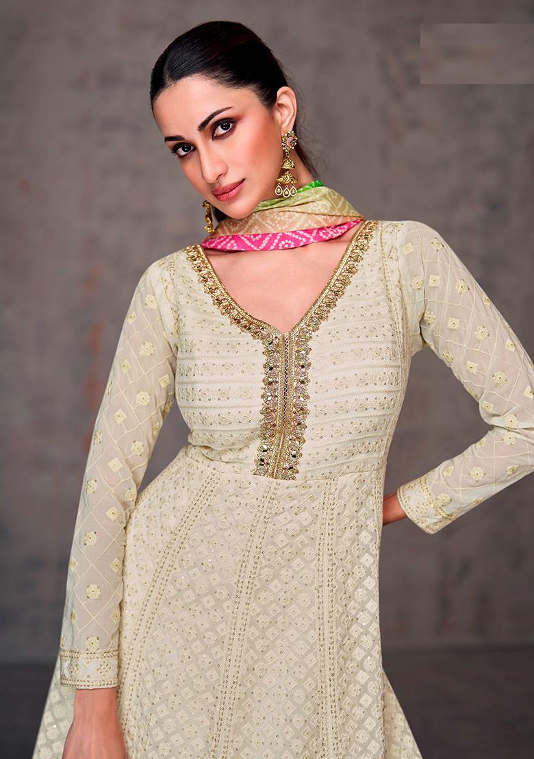 Beige Embroidered Georgette Anarkali set