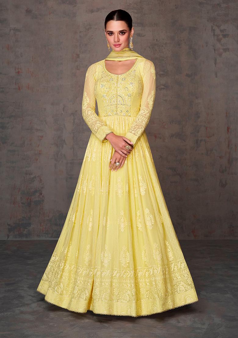 Yellow Embroidered Georgette Anarkali set - Indya