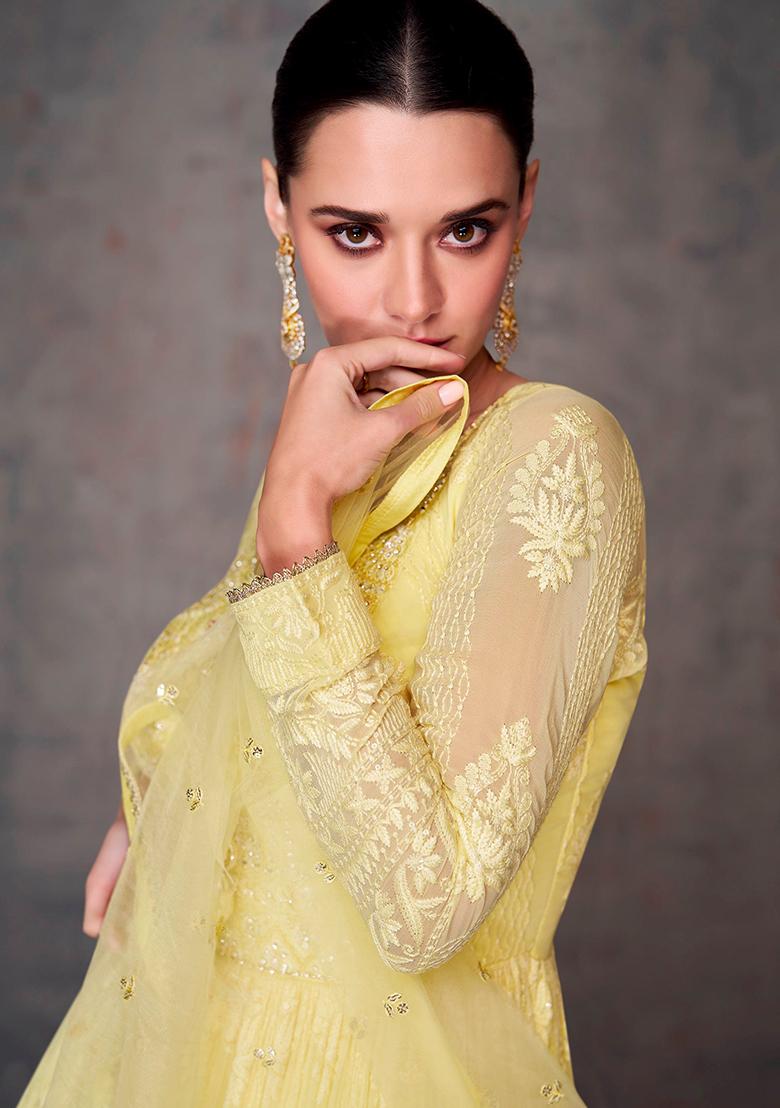 Yellow Embroidered Georgette Anarkali set