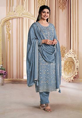 Grey Embroidered Chinnon Salwar Kameez