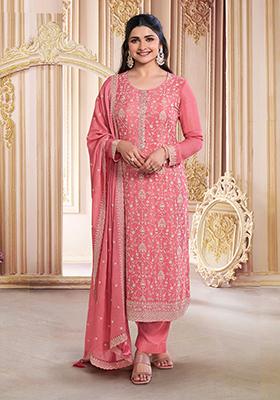 Orange Embroidered Chinnon Salwar Kameez