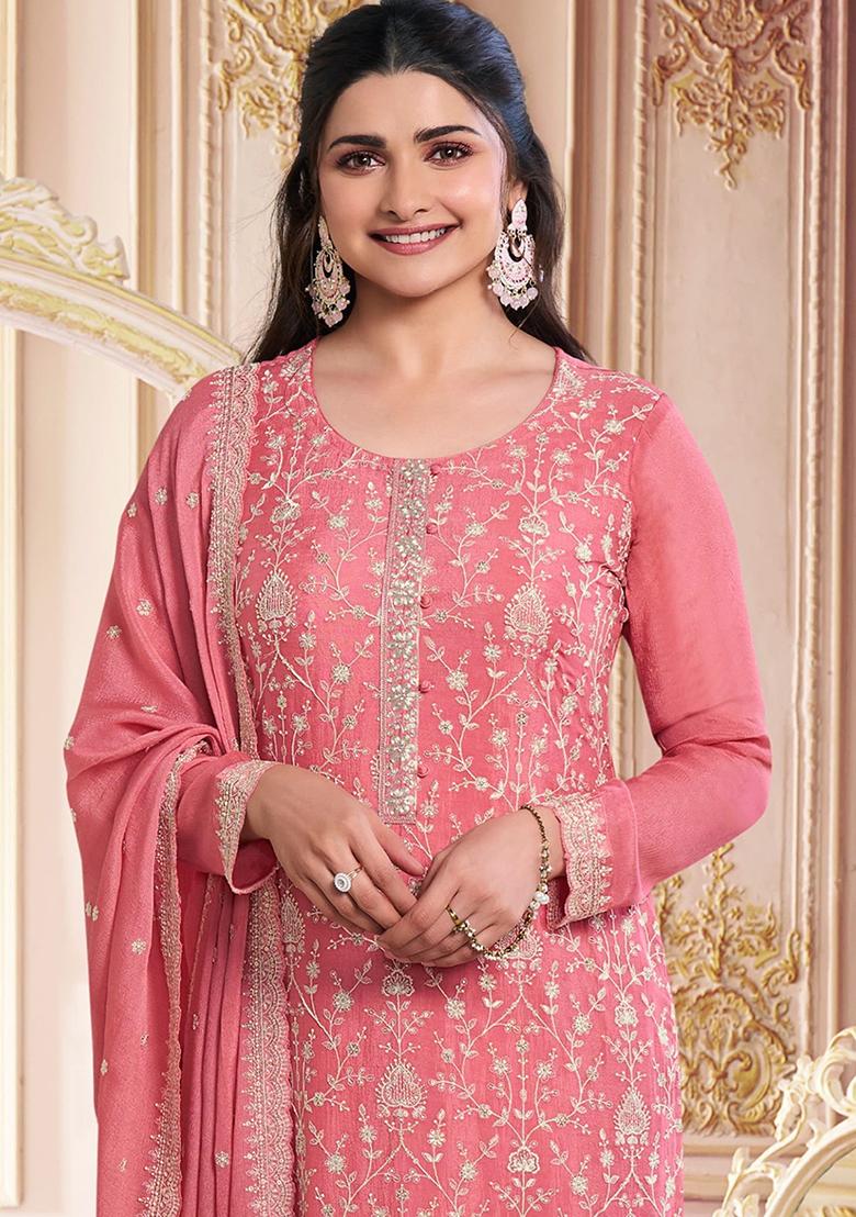 Orange Embroidered Chinnon Salwar Kameez