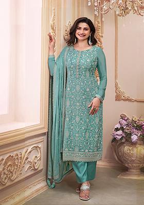Sky Blue Embroidered Chinnon Salwar Kameez
