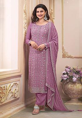 Purple Embroidered Chinnon Salwar Kameez