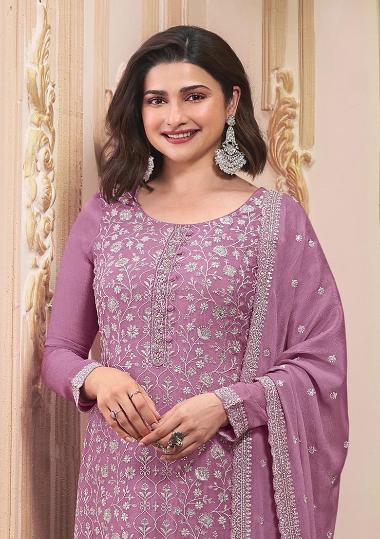 Purple Embroidered Chinnon Salwar Kameez