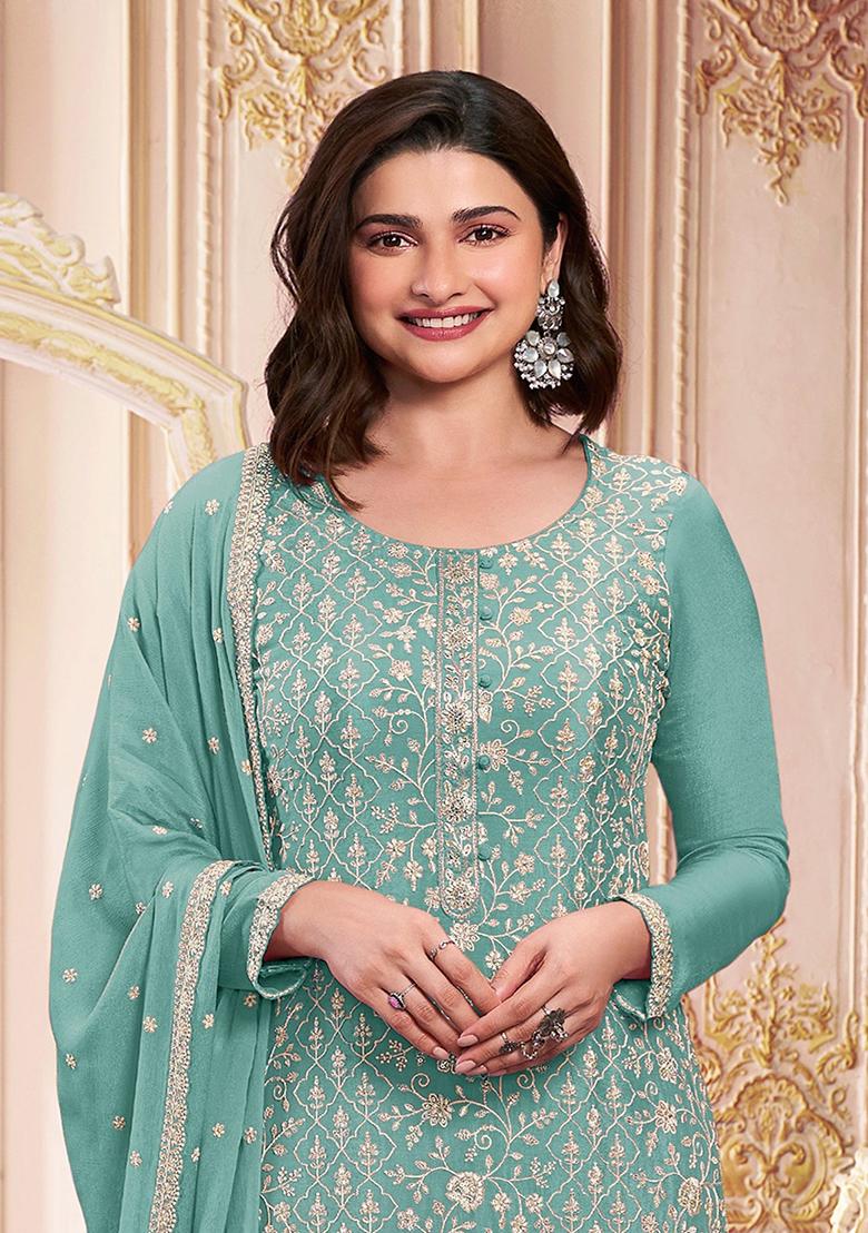 Teal Green Embroidered Georgette Salwar Kameez