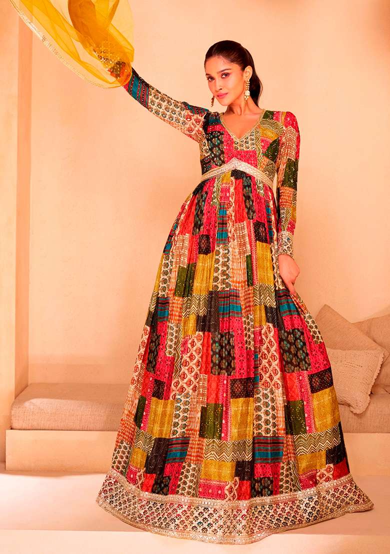 Multi Printed Georgette Anarkali Set - Indya