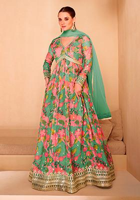 Green Embroidered Georgette Anarkali set