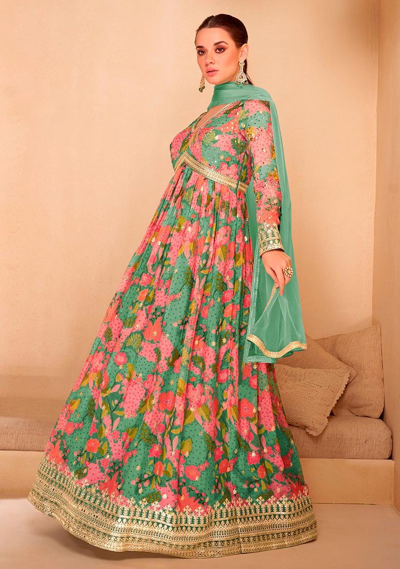 Green Embroidered Georgette Anarkali set