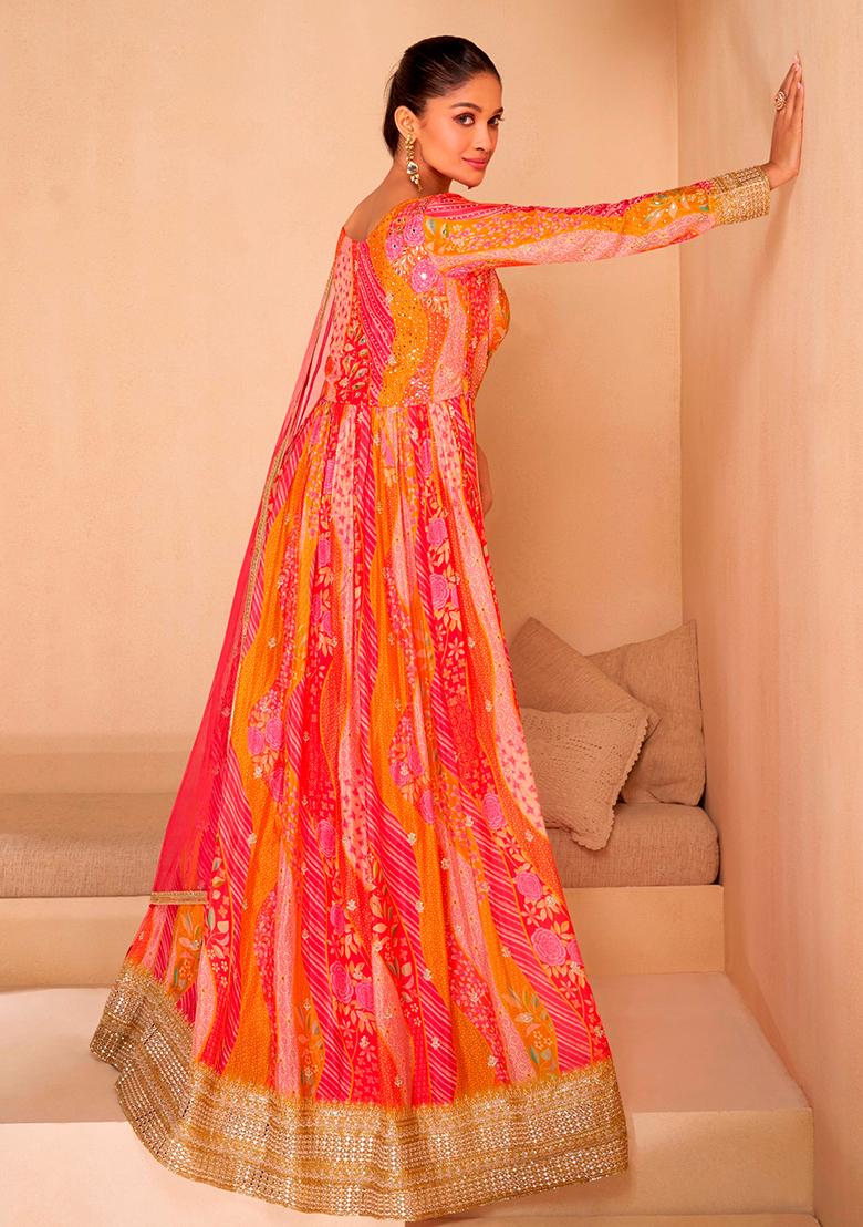 Orange Embroidered Georgette Anarkali set