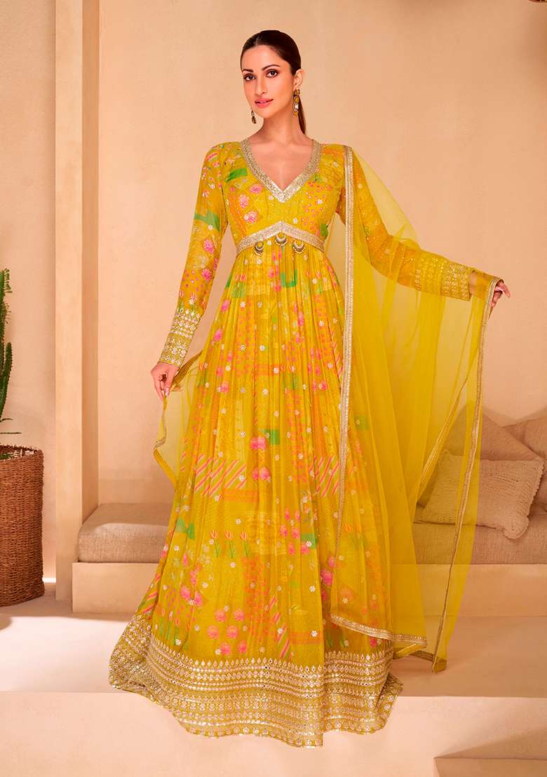 Yellow Floral Print Georgette Anarkali Set - Indya