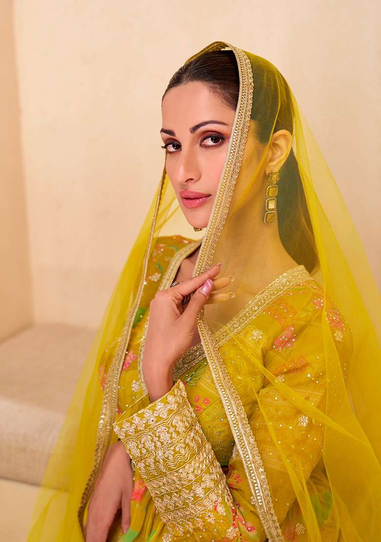 Yellow Floral Print Georgette Anarkali Set - Indya