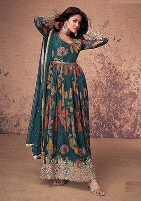 Green Embroidered Georgette Anarkali set