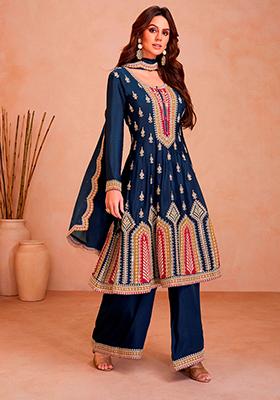 Blue Embroidered Chinnon Anarkali set