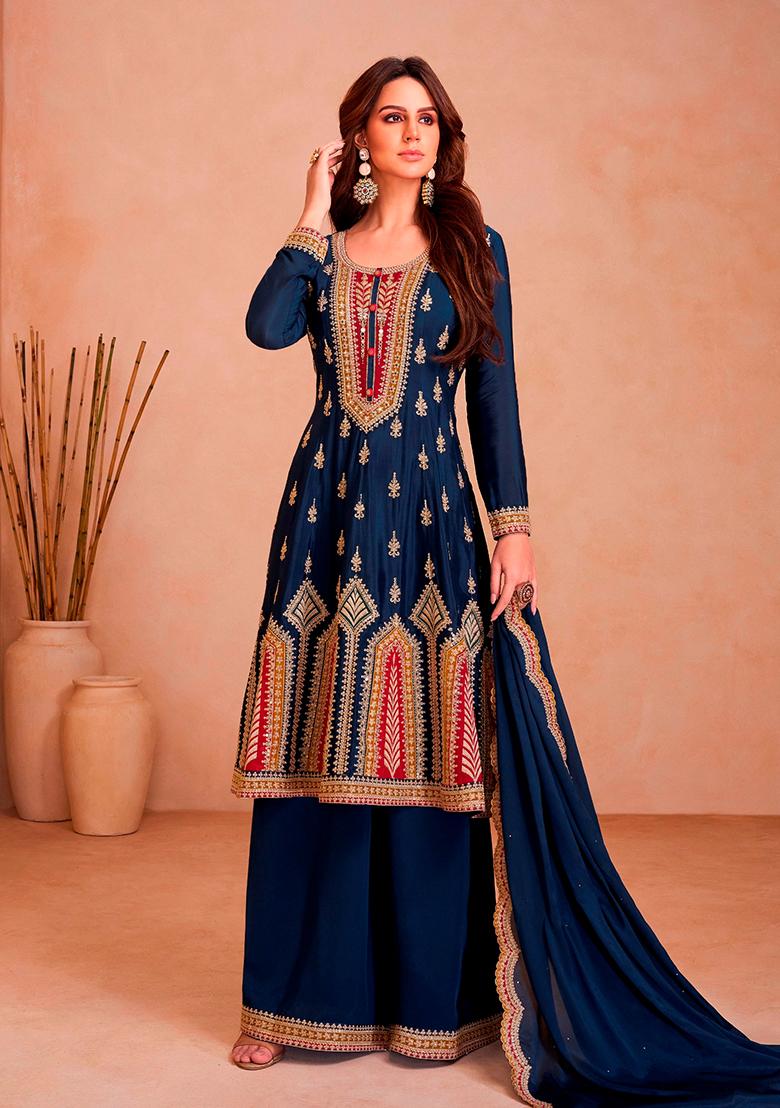 Blue Embroidered Chinnon Anarkali set