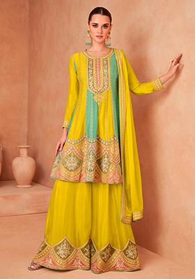 Yellow Embroidered Chinnon Anarkali set