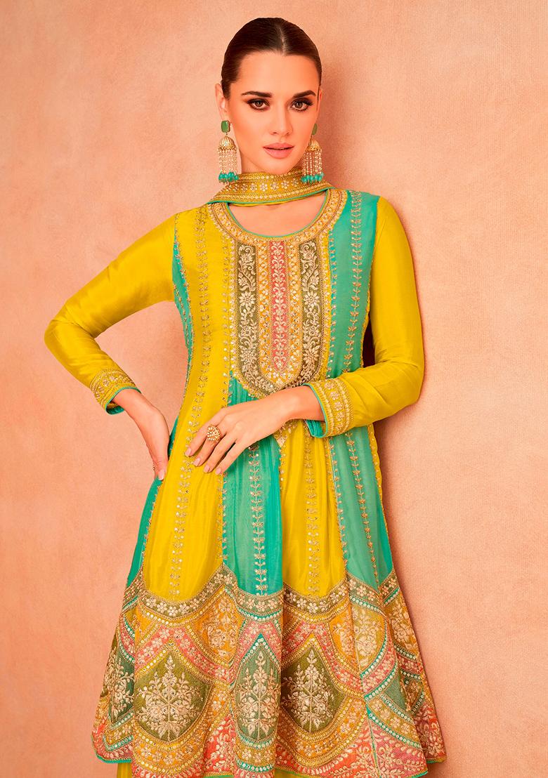 Yellow Embroidered Chinnon Anarkali set
