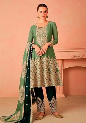 Green Embroidered Chinnon Anarkali set