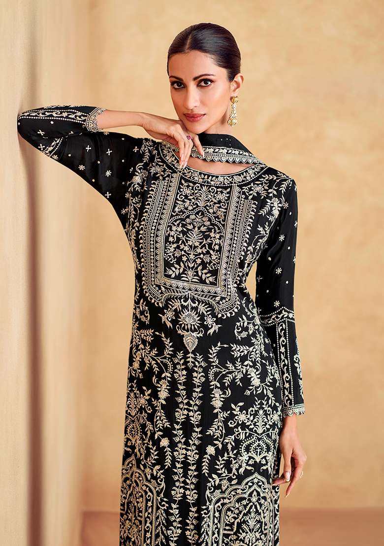 Black Embroidered Chinon Pakistani Suit Set - Indya