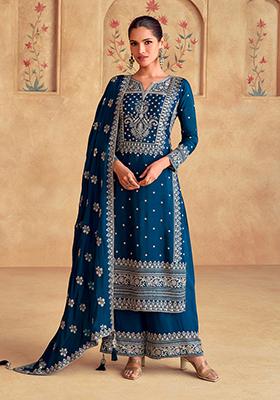Blue Embroidered Chinnon Salwar Kameez