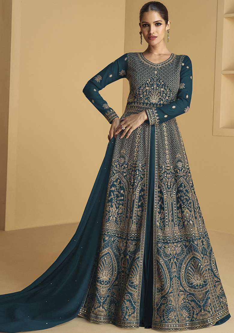 Rama Green Embroidered Georgette Anarkali Set - Indya