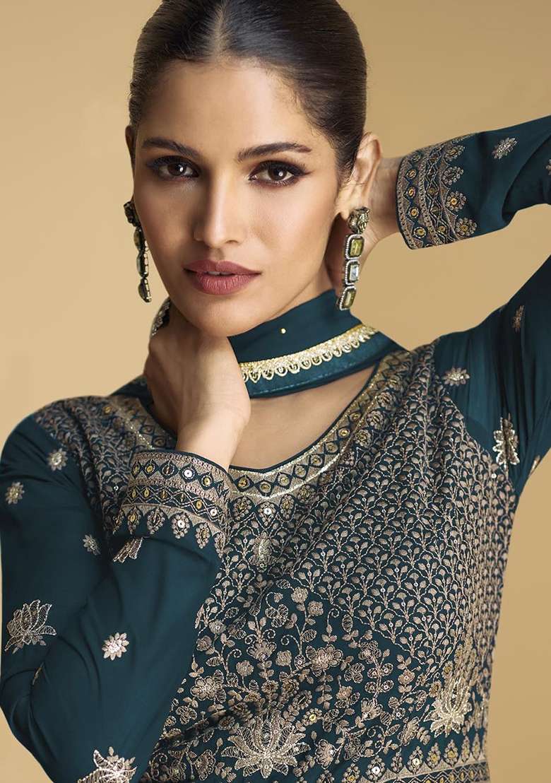 Rama Green Embroidered Georgette Anarkali Set - Indya
