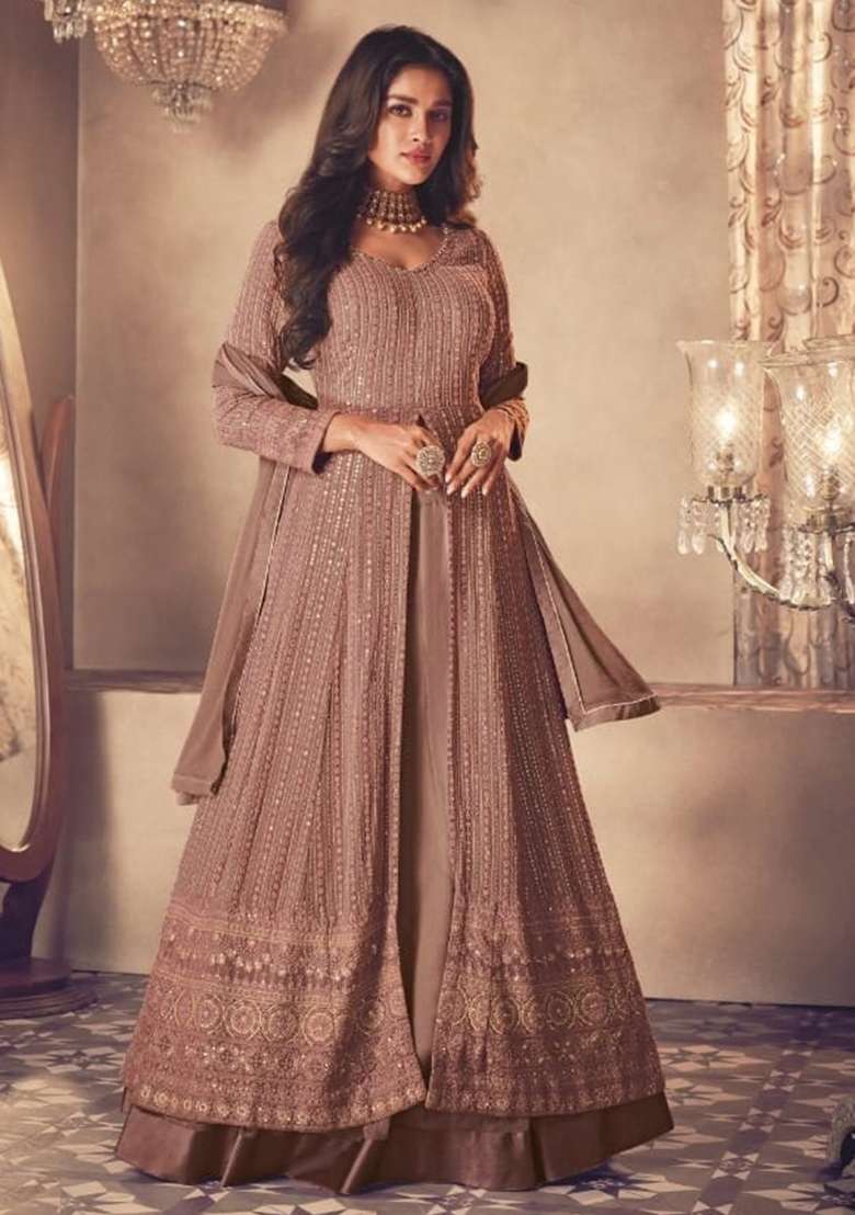 Beige Embroidered Georgette Anarkali Set - Indya