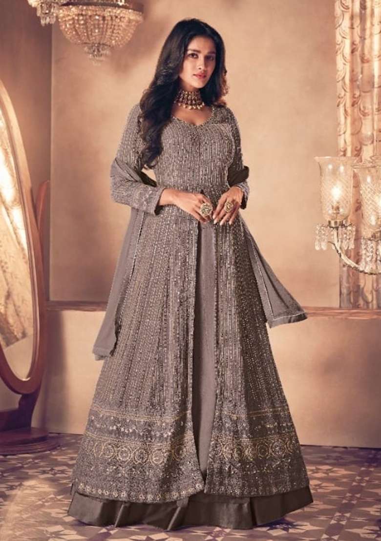 Grey Embroidered Georgette Anarkali With Dupatta - Indya