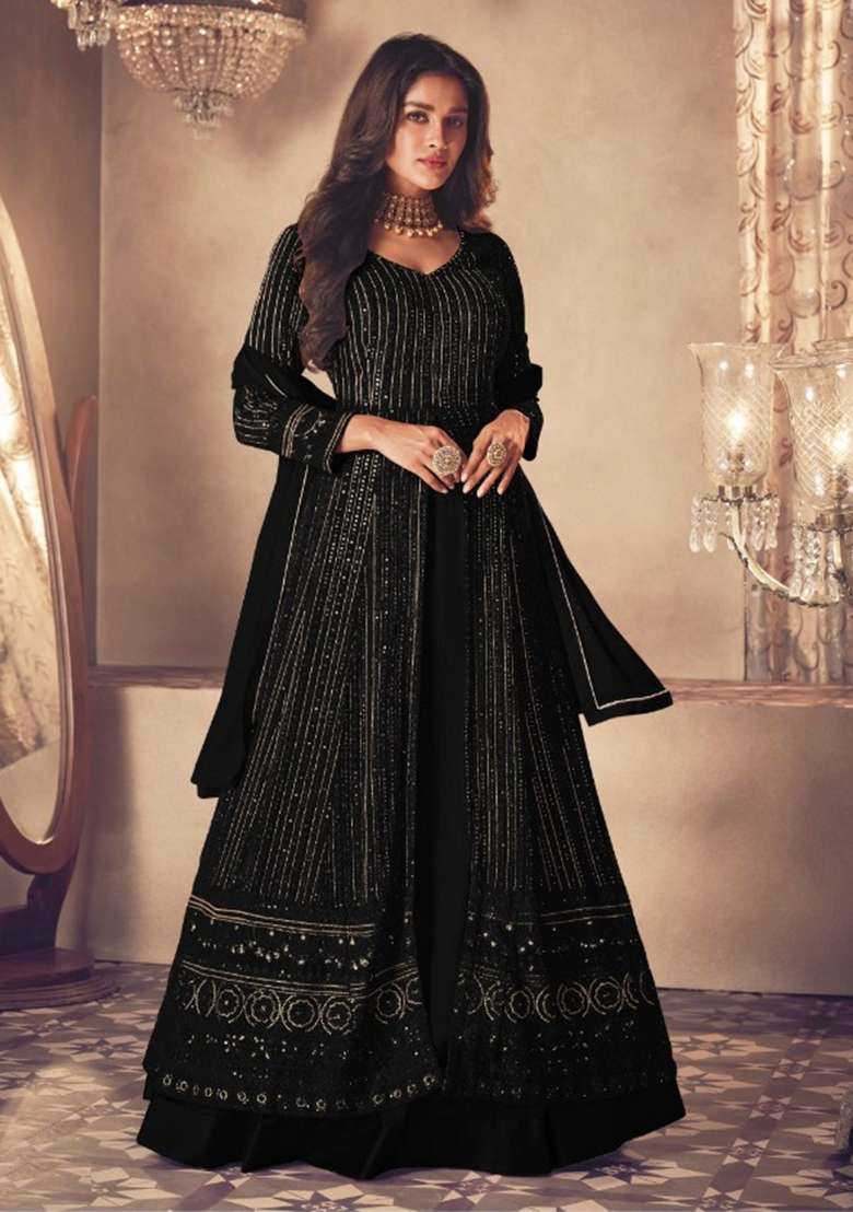 Black Embroidered Georgette Anarkali With Dupatta - Indya