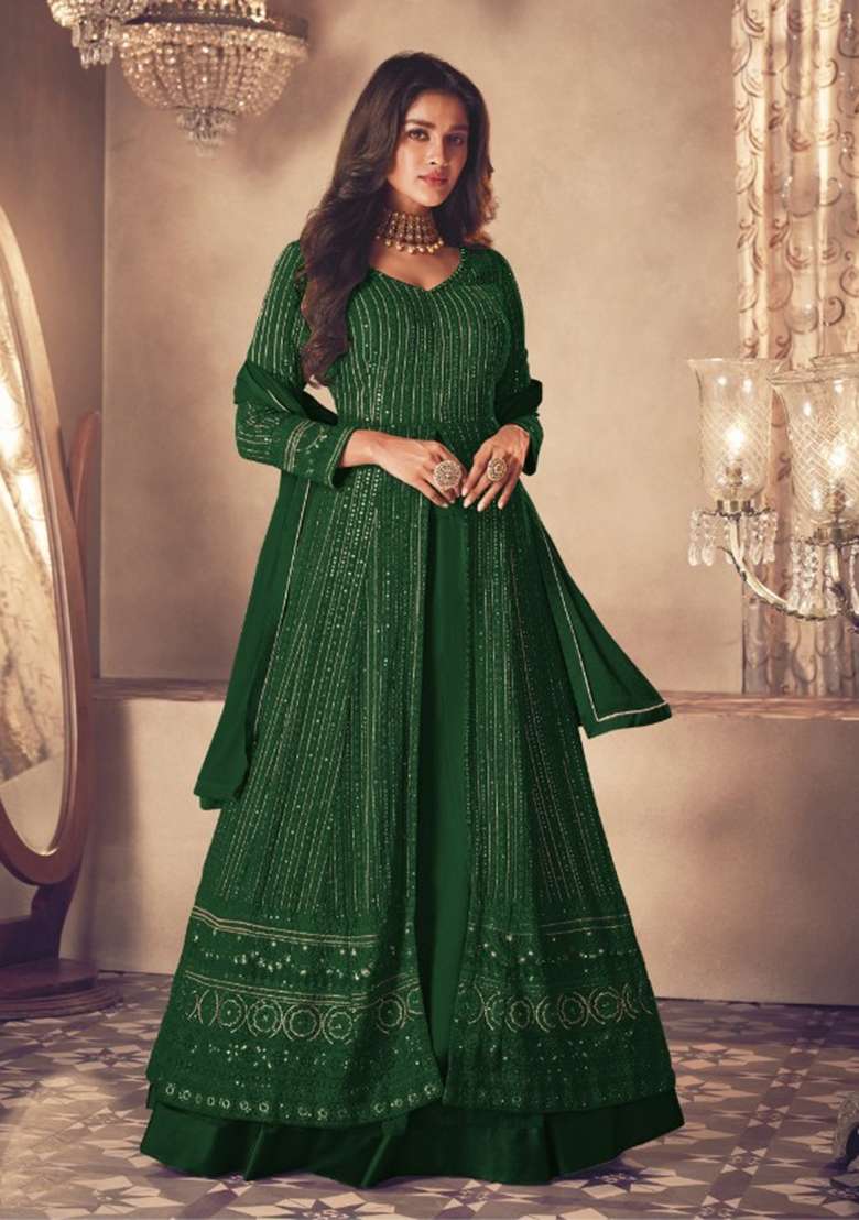 Green Embroidered Georgette Anarkali With Dupatta - Indya