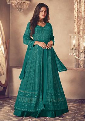 Aqua Blue Embroidered Georgette Anarkali set