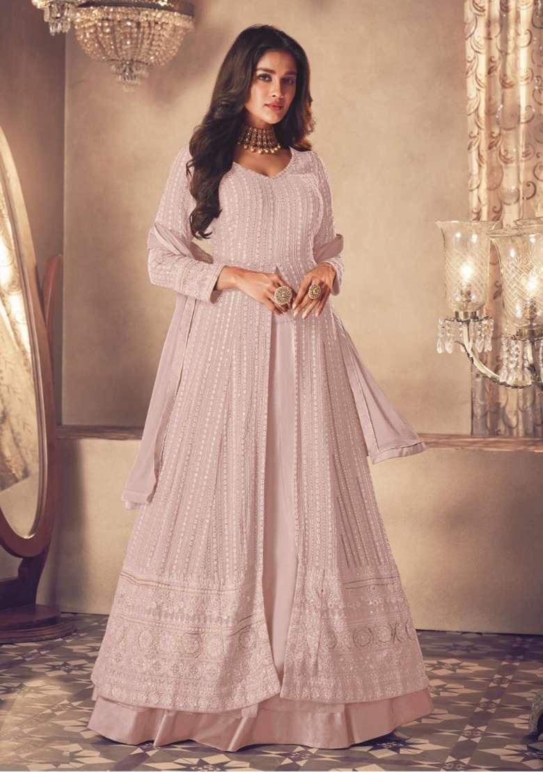 Light Pink Chikankari Georgette Anarkali Set - Indya