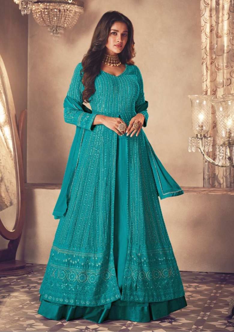 Rama Green Chikankari Georgette Anarkali Set - Indya