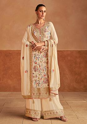 Cream Embroidered Chinnon Salwar Kameez