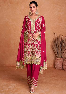 Red Embroidered Chinnon Anarkali set
