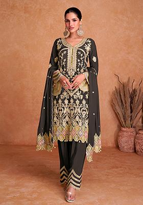 Black Embroidered Chinnon Anarkali set