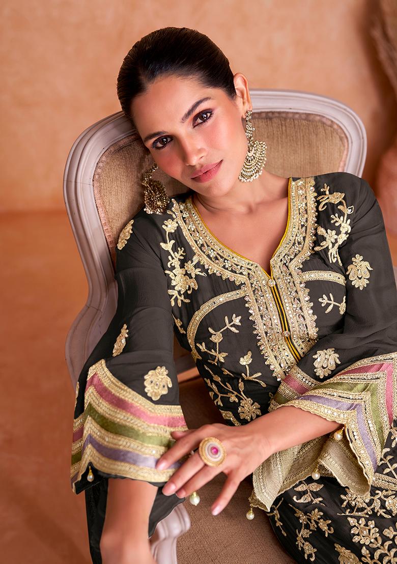 Black Embroidered Chinnon Anarkali set