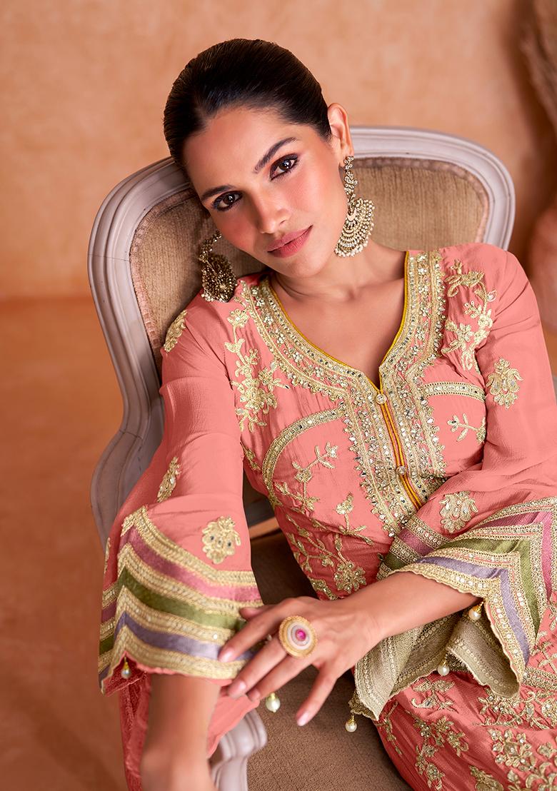 Light Pink Embroidered Chinnon Anarkali set